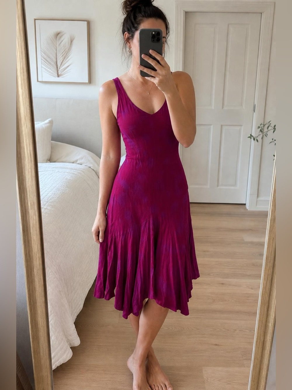 Bias-Cut Jewel Tone Magenta Rayon Maxi Slip Dress, Sleeveless Mermaid Hem